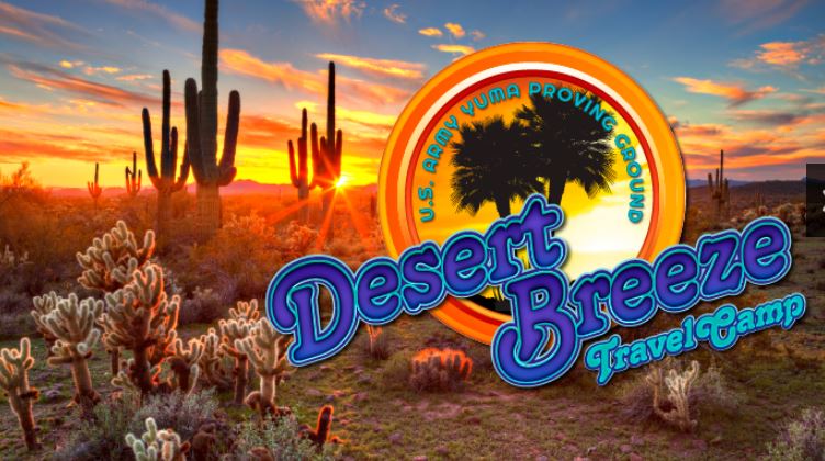 Desert Breeze Travel Camp logo with a desert picture at sunset in the background