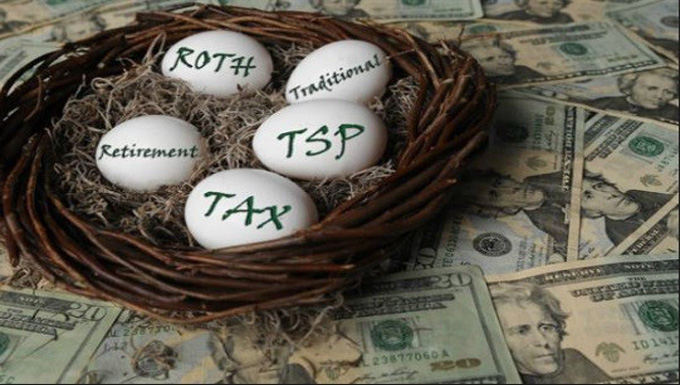 eggs in a basket with Roth, TSP, TAX, Traditional, and Retirement