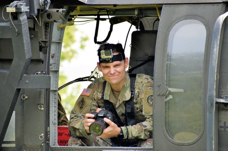 Soldier in a helicopter