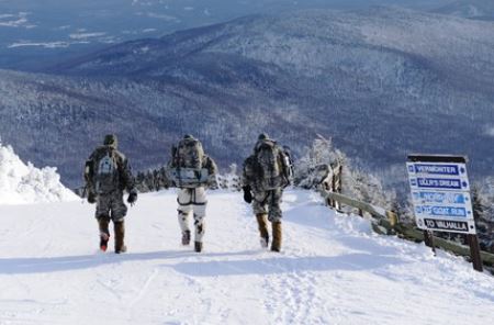 Hiking in the snow covered mountains