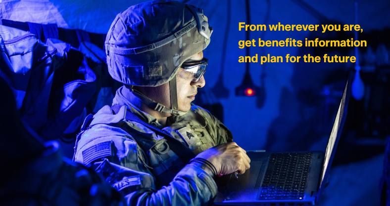 Soldier in tent with Army benefits information wherever you are